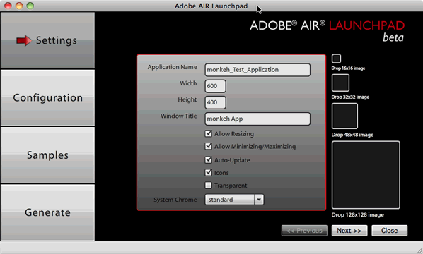 AIR Launchpad Settings Screen