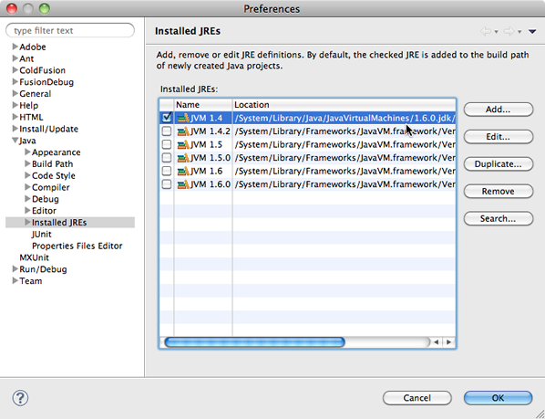 Installed JRE within Eclipse / ColdFusion Builder 2