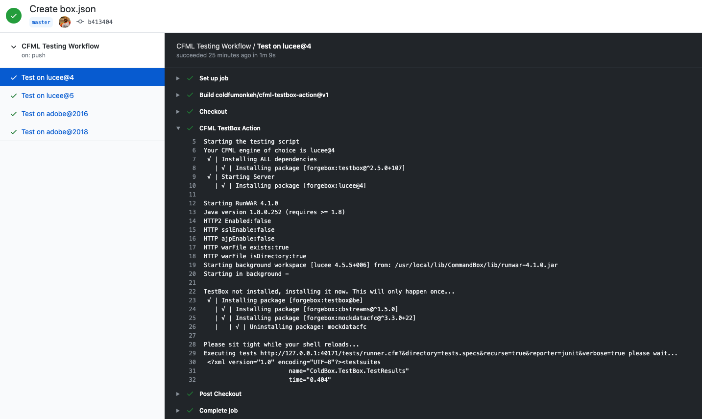 The CFML Testing Workflow running the requested CFML engine version