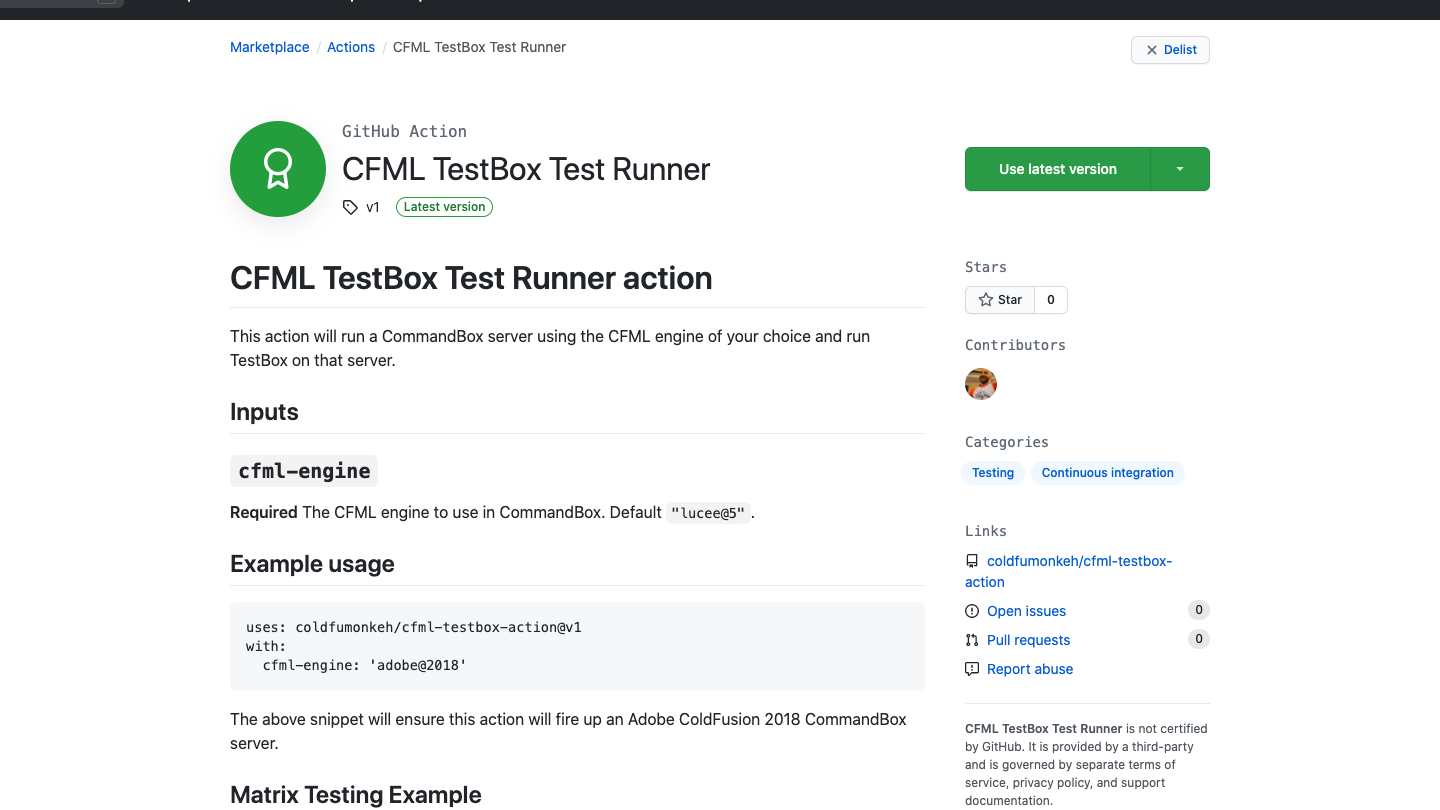 The CFML testBox Test Runner action